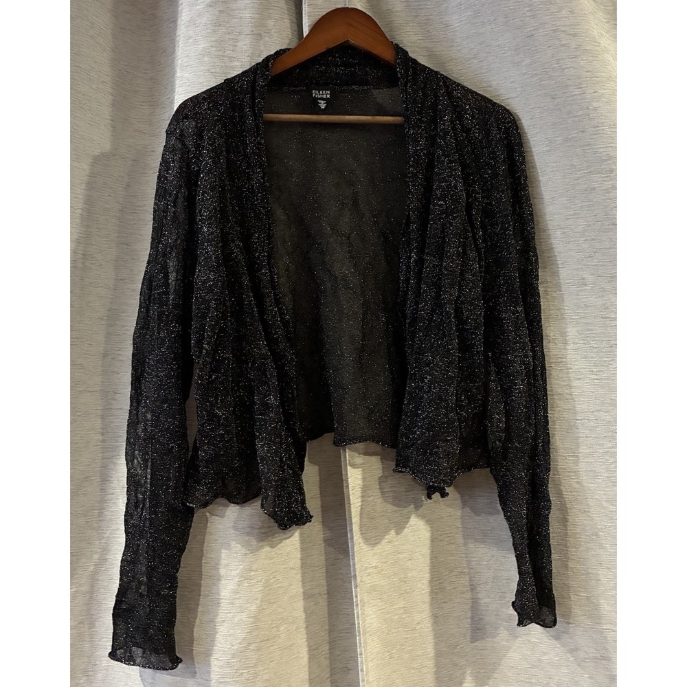 Eileen Fisher Womens Black Sheer Italian Yarn Open Front Cardigan Sweater Size M